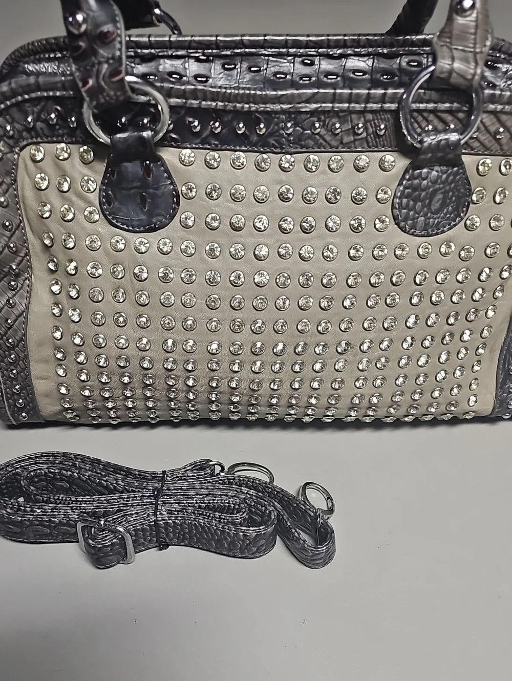 Grey Croc Leatherette Crystal Srud Silver Satchel Purse Bag Crossbody EUC